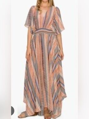 MELLODAY Striped Maxi Dress in Peach and Gray with Blue Accents